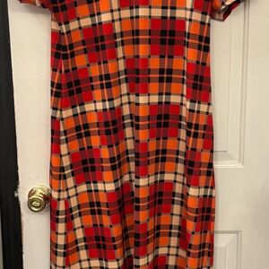 LuLaRoe Plaid Dress in Red, Orange & Cream with Black Accents